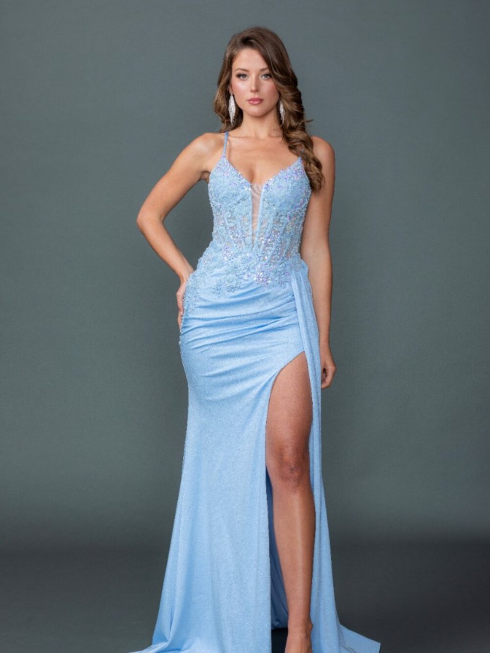 New Bahama Blue Fashion Forward Long Dress W/ Boned Bodcie & Side Drape Dq 4556